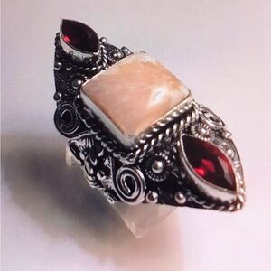 Stampd 925 Sterling Silver Scolecite Garnet Ring